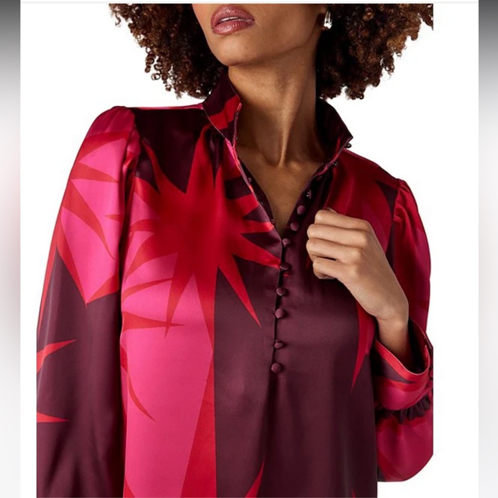 NWT CROSBY by Mollie Burch Leland Satin Faille Star Print Mock Neck  Blouse - Picture 4 of 6